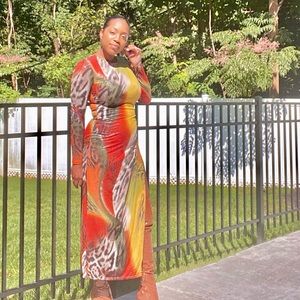 Snakeskin Print Long Dress w/ Open High Split